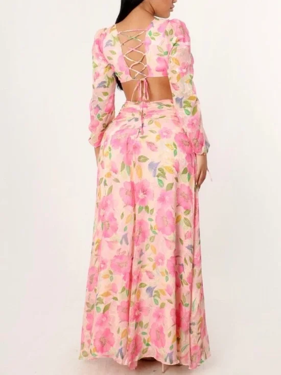LONG SLEEVE PINK FLORAL MAXI DRESS WITH RUFFLES AND CUTOUT - Picture 4 of 17